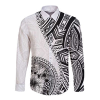 Hibiscus With White Austronesian Tattoo Pattern Long Sleeve Button Shirt - Polynesian Pride