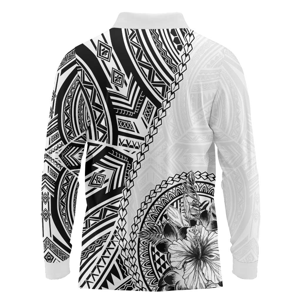 Hibiscus With White Austronesian Tattoo Pattern Long Sleeve Polo Shirt - Polynesian Pride