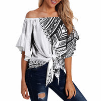 Hibiscus With White Austronesian Tattoo Pattern Off Shoulder Wrap Waist Top LT05 - Polynesian Pride