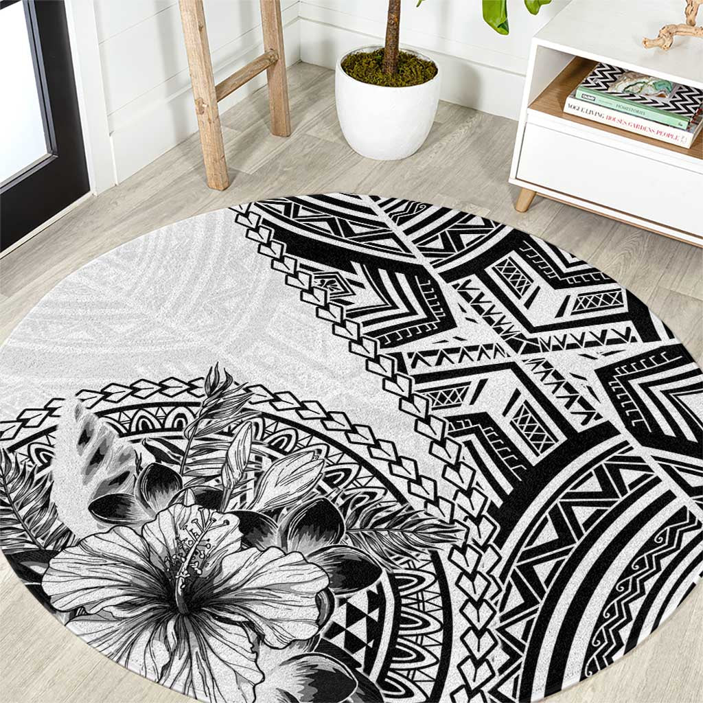 Hibiscus With White Austronesian Tattoo Pattern Round Carpet LT05 White - Polynesian Pride