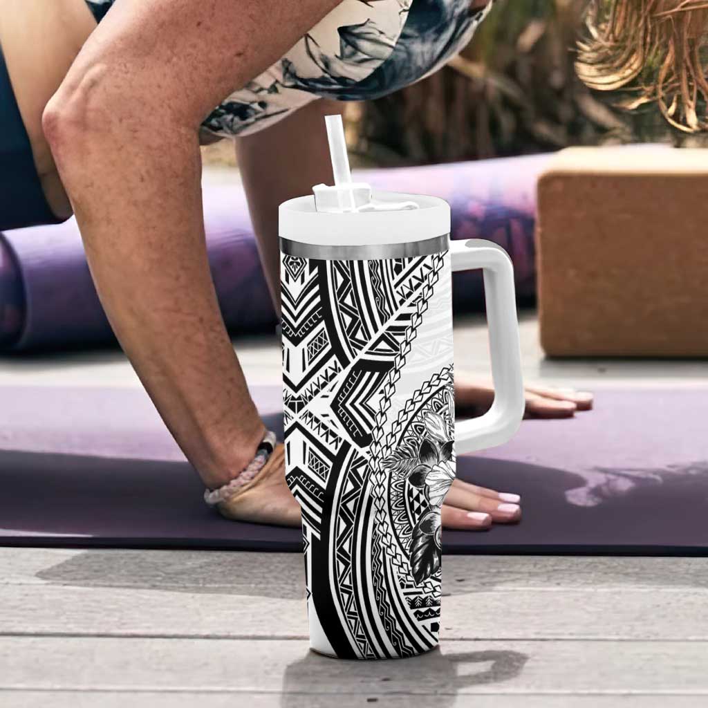 Hibiscus With White Austronesian Tattoo Pattern Tumbler With Handle - Polynesian Pride