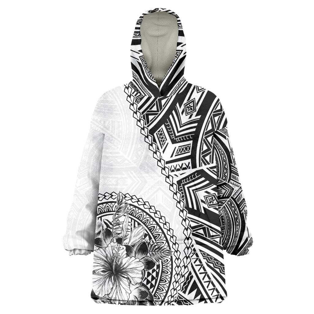 Hibiscus With White Austronesian Tattoo Pattern Wearable Blanket Hoodie LT05 One Size White - Polynesian Pride