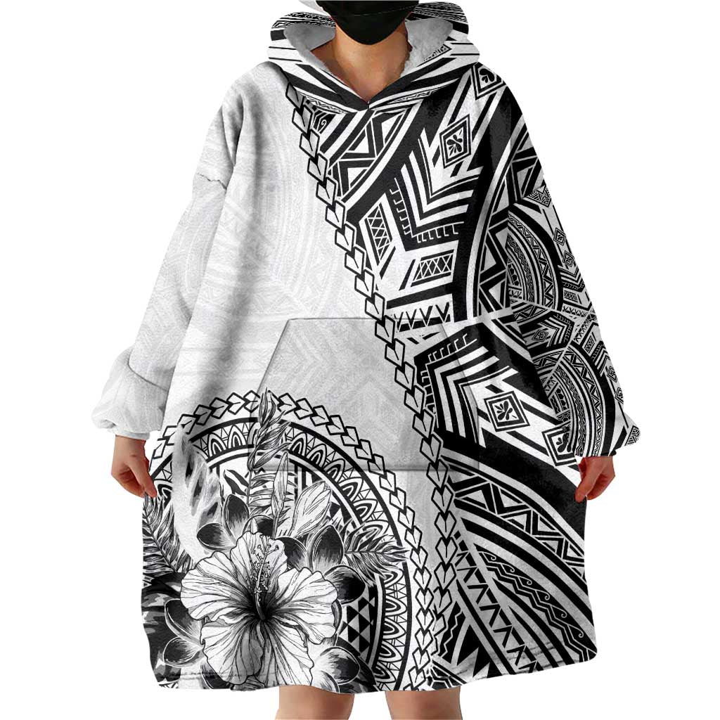 Hibiscus With White Austronesian Tattoo Pattern Wearable Blanket Hoodie LT05 - Polynesian Pride