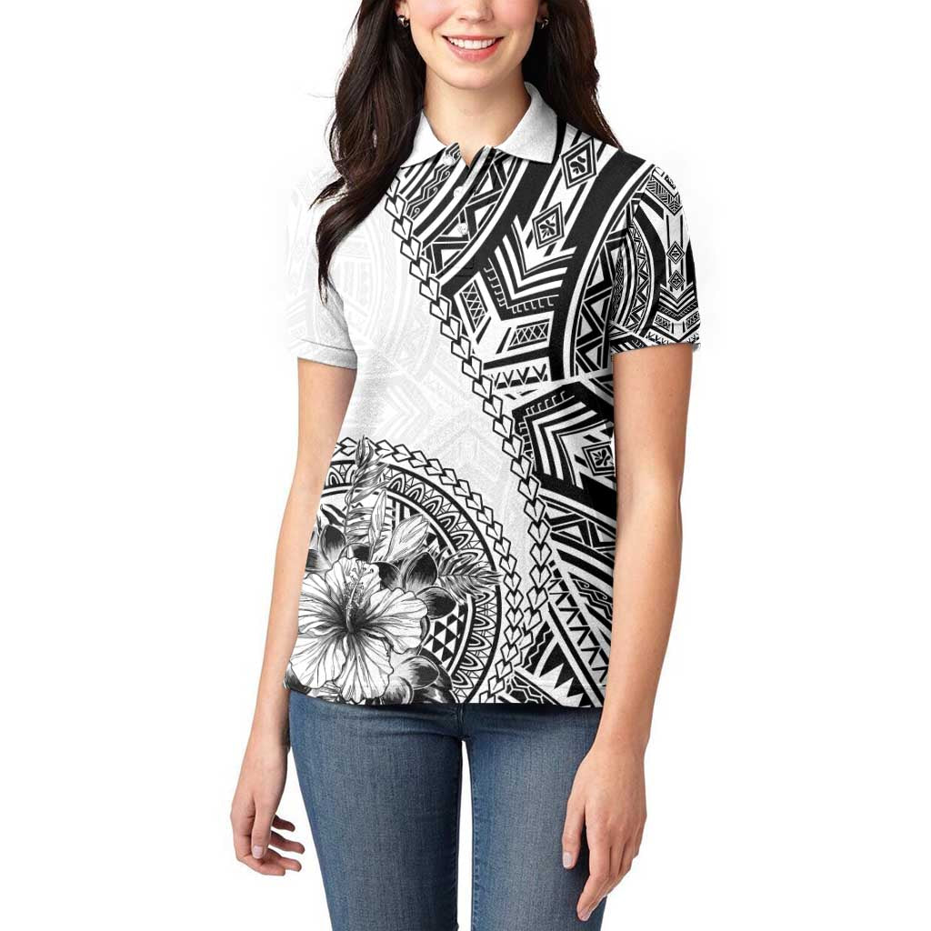 Hibiscus With White Austronesian Tattoo Pattern Women Polo Shirt - Polynesian Pride