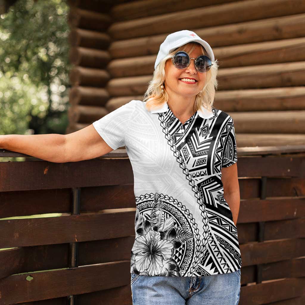 Hibiscus With White Austronesian Tattoo Pattern Women Polo Shirt - Polynesian Pride