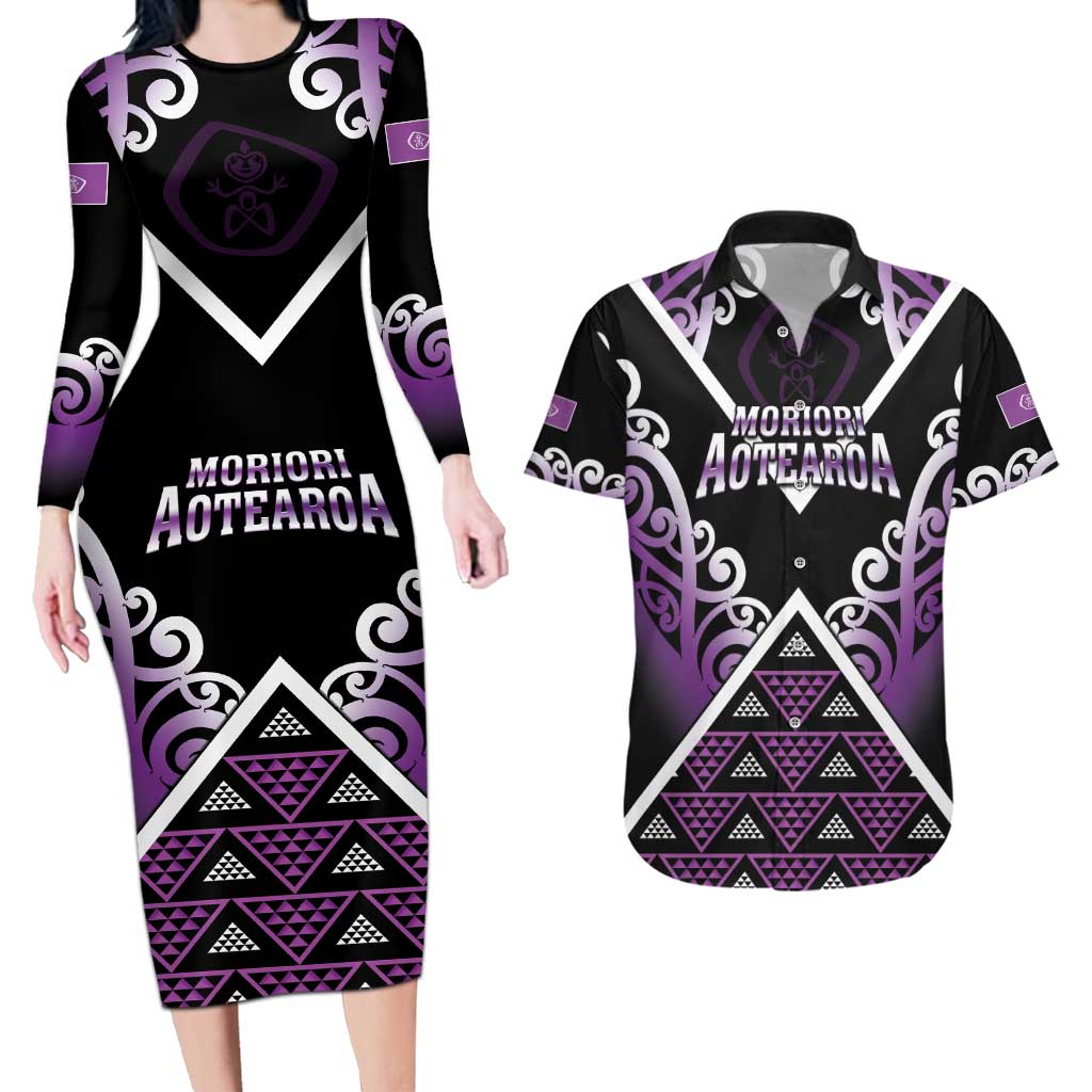 Personalised Aotearoa Moriori Couples Matching Long Sleeve Bodycon Dress and Hawaiian Shirt Maori Pattern New Zealand LT05 Purple - Polynesian Pride