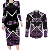 Personalised Aotearoa Moriori Couples Matching Long Sleeve Bodycon Dress and Long Sleeve Button Shirt Maori Pattern New Zealand LT05 Purple - Polynesian Pride