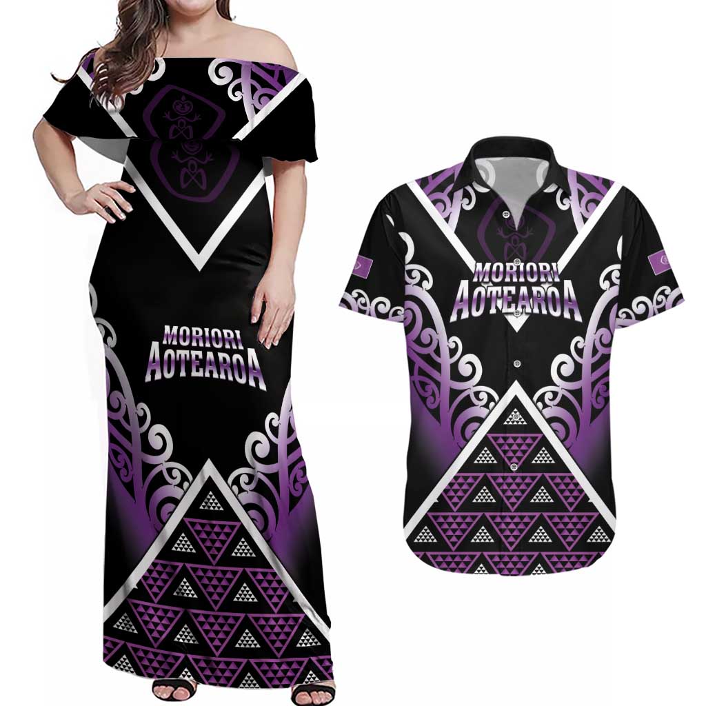 Personalised Aotearoa Moriori Couples Matching Off Shoulder Maxi Dress and Hawaiian Shirt Maori Pattern New Zealand LT05 Purple - Polynesian Pride