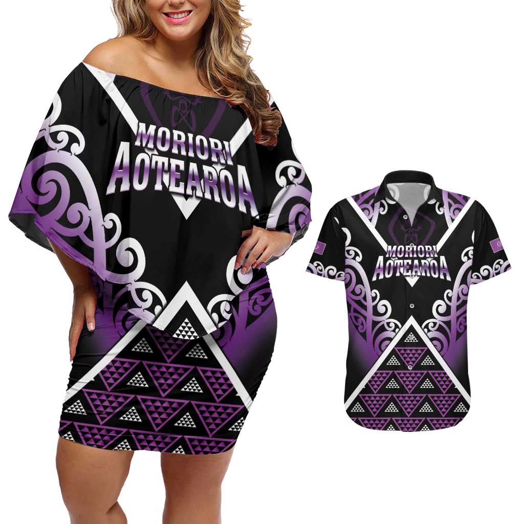 Personalised Aotearoa Moriori Couples Matching Off Shoulder Short Dress and Hawaiian Shirt Maori Pattern New Zealand LT05 Purple - Polynesian Pride
