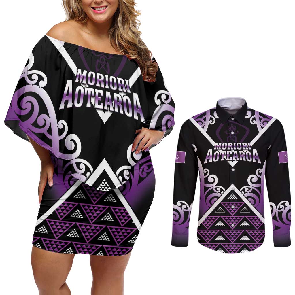 Personalised Aotearoa Moriori Couples Matching Off Shoulder Short Dress and Long Sleeve Button Shirt Maori Pattern New Zealand LT05 Purple - Polynesian Pride