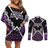 Personalised Aotearoa Moriori Couples Matching Off Shoulder Short Dress and Long Sleeve Button Shirt Maori Pattern New Zealand LT05 Purple - Polynesian Pride