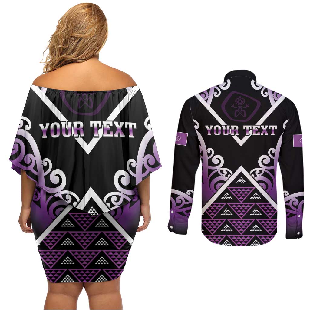 Personalised Aotearoa Moriori Couples Matching Off Shoulder Short Dress and Long Sleeve Button Shirt Maori Pattern New Zealand LT05 - Polynesian Pride