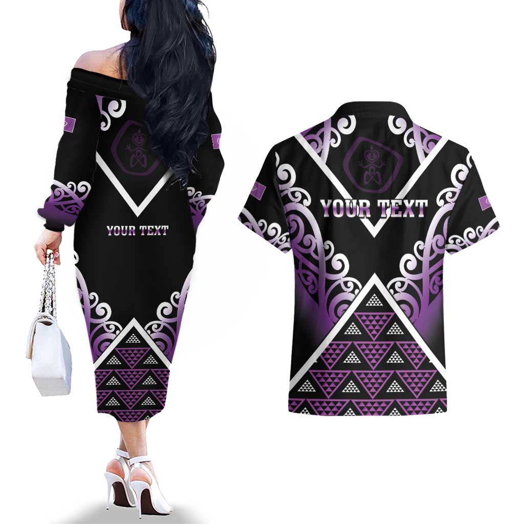 Personalised Aotearoa Moriori Couples Matching Off The Shoulder Long Sleeve Dress and Hawaiian Shirt Maori Pattern New Zealand LT05 - Polynesian Pride