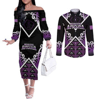 Personalised Aotearoa Moriori Couples Matching Off The Shoulder Long Sleeve Dress and Long Sleeve Button Shirt Maori Pattern New Zealand LT05 Purple - Polynesian Pride