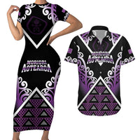 Personalised Aotearoa Moriori Couples Matching Short Sleeve Bodycon Dress and Hawaiian Shirt Maori Pattern New Zealand LT05 Purple - Polynesian Pride