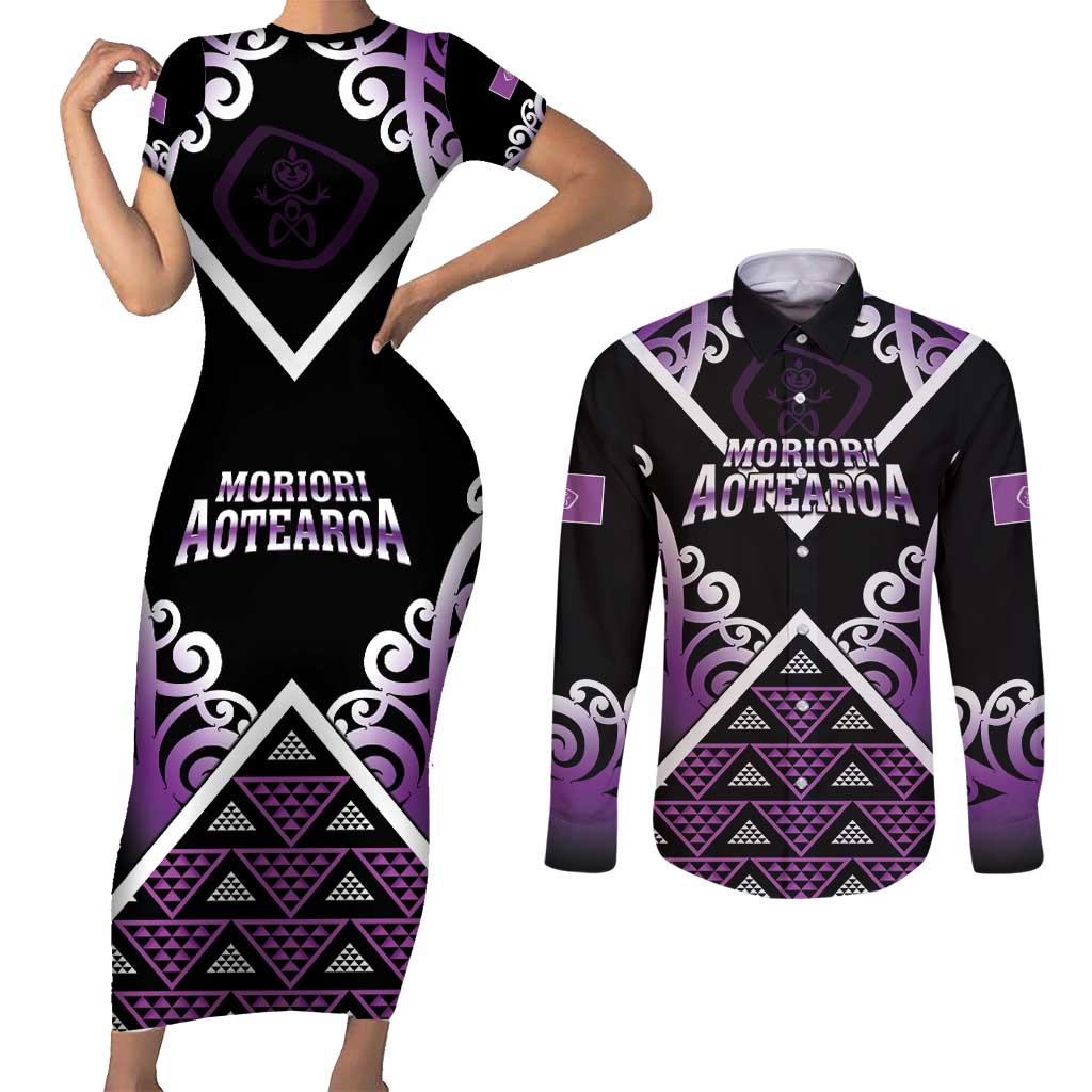 Personalised Aotearoa Moriori Couples Matching Short Sleeve Bodycon Dress and Long Sleeve Button Shirt Maori Pattern New Zealand LT05 Purple - Polynesian Pride