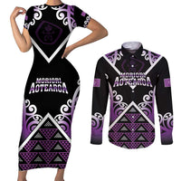 Personalised Aotearoa Moriori Couples Matching Short Sleeve Bodycon Dress and Long Sleeve Button Shirt Maori Pattern New Zealand LT05 Purple - Polynesian Pride