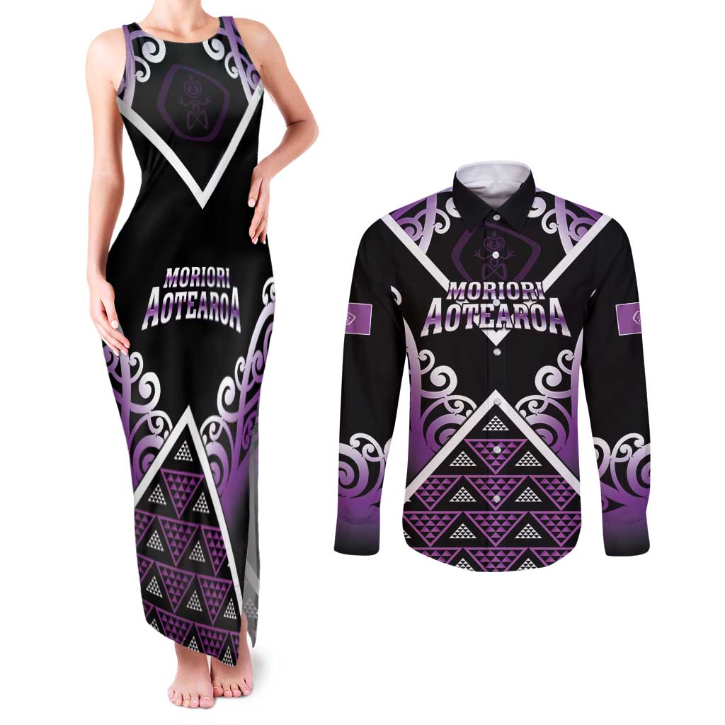 Personalised Aotearoa Moriori Couples Matching Tank Maxi Dress and Long Sleeve Button Shirt Maori Pattern New Zealand LT05 Purple - Polynesian Pride