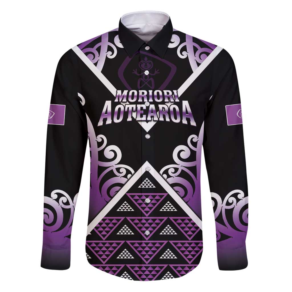 Personalised Aotearoa Moriori Family Matching Puletasi and Hawaiian Shirt Maori Pattern New Zealand LT05 Dad's Shirt - Long Sleeve Purple - Polynesian Pride