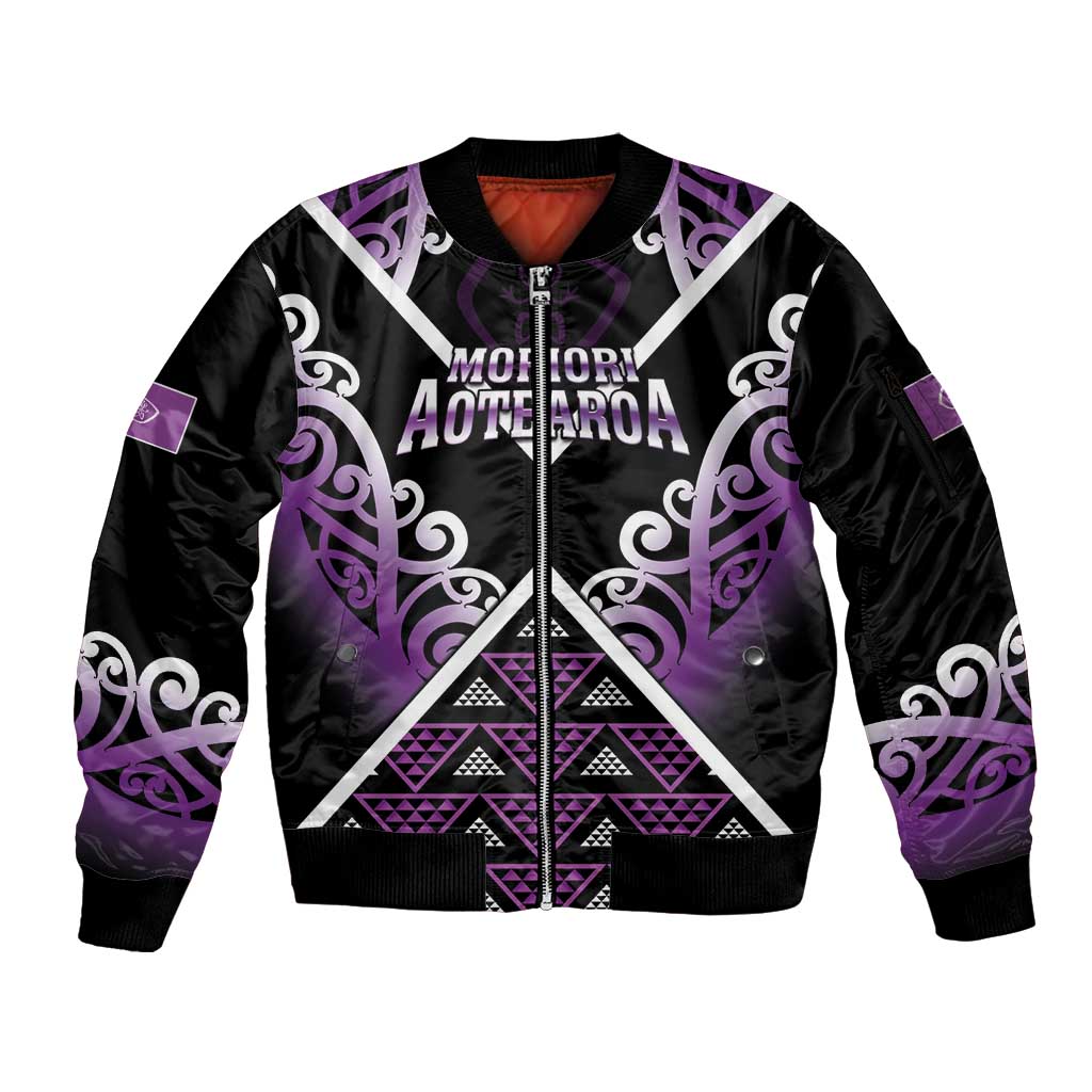 Personalised Aotearoa Moriori Sleeve Zip Bomber Jacket Maori Pattern New Zealand LT05 Unisex Purple - Polynesian Pride