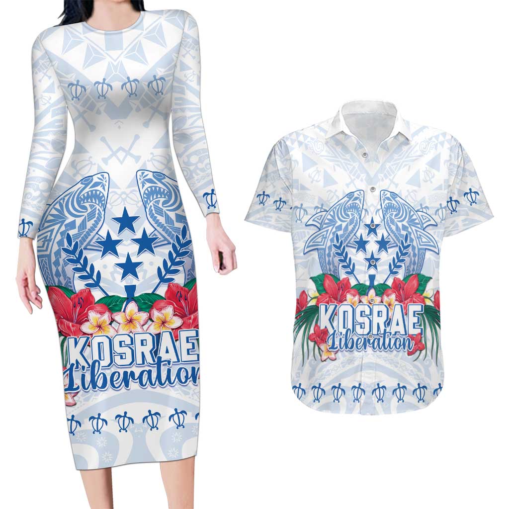 Happy Kosrae Liberation Day Couples Matching Long Sleeve Bodycon Dress and Hawaiian Shirt Polynesian Shark Turtle Motif LT05 White - Polynesian Pride