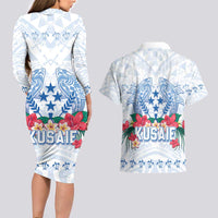 Happy Kosrae Liberation Day Couples Matching Long Sleeve Bodycon Dress and Hawaiian Shirt Polynesian Shark Turtle Motif LT05 - Polynesian Pride