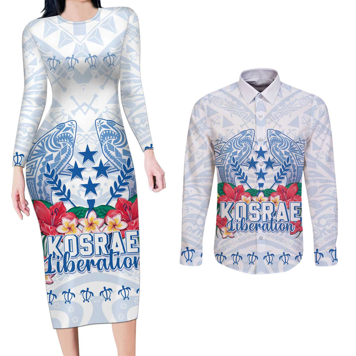 Happy Kosrae Liberation Day Couples Matching Long Sleeve Bodycon Dress and Long Sleeve Button Shirt Polynesian Shark Turtle Motif LT05 White - Polynesian Pride