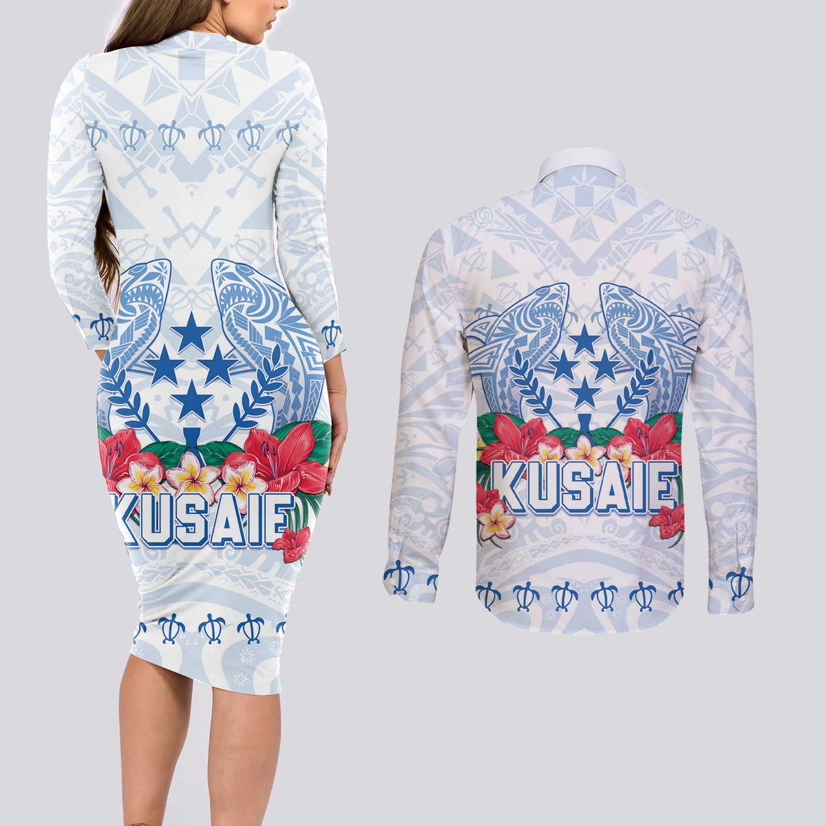 Happy Kosrae Liberation Day Couples Matching Long Sleeve Bodycon Dress and Long Sleeve Button Shirt Polynesian Shark Turtle Motif LT05 - Polynesian Pride