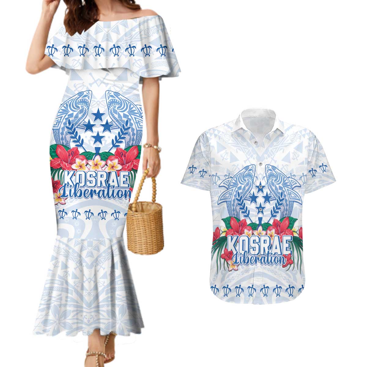 Happy Kosrae Liberation Day Couples Matching Mermaid Dress and Hawaiian Shirt Polynesian Shark Turtle Motif LT05 White - Polynesian Pride