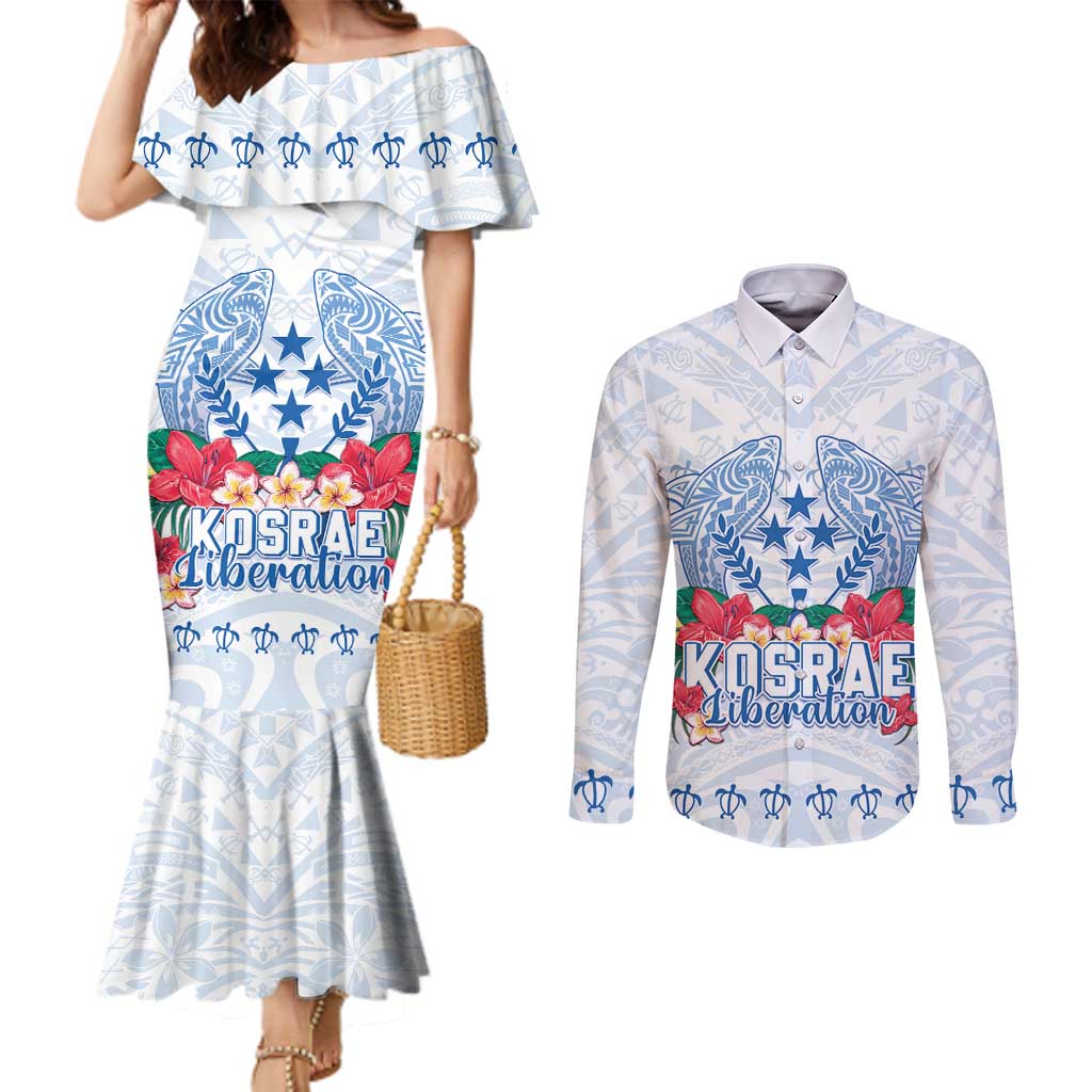 Happy Kosrae Liberation Day Couples Matching Mermaid Dress and Long Sleeve Button Shirt Polynesian Shark Turtle Motif LT05 White - Polynesian Pride