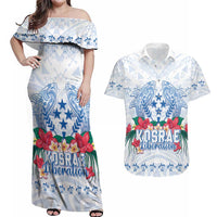 Happy Kosrae Liberation Day Couples Matching Off Shoulder Maxi Dress and Hawaiian Shirt Polynesian Shark Turtle Motif LT05 White - Polynesian Pride