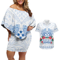 Happy Kosrae Liberation Day Couples Matching Off Shoulder Short Dress and Hawaiian Shirt Polynesian Shark Turtle Motif LT05 White - Polynesian Pride