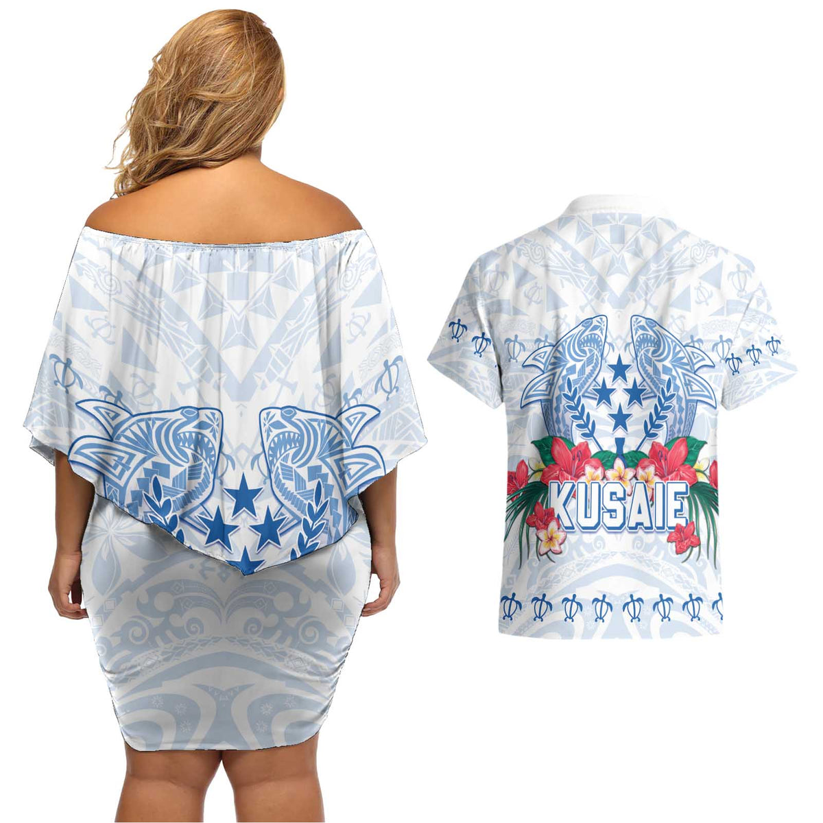 Happy Kosrae Liberation Day Couples Matching Off Shoulder Short Dress and Hawaiian Shirt Polynesian Shark Turtle Motif LT05 - Polynesian Pride