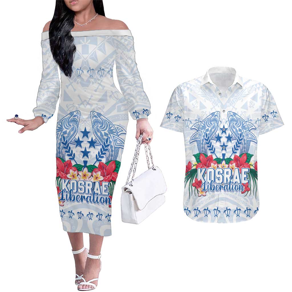 Happy Kosrae Liberation Day Couples Matching Off The Shoulder Long Sleeve Dress and Hawaiian Shirt Polynesian Shark Turtle Motif LT05 White - Polynesian Pride