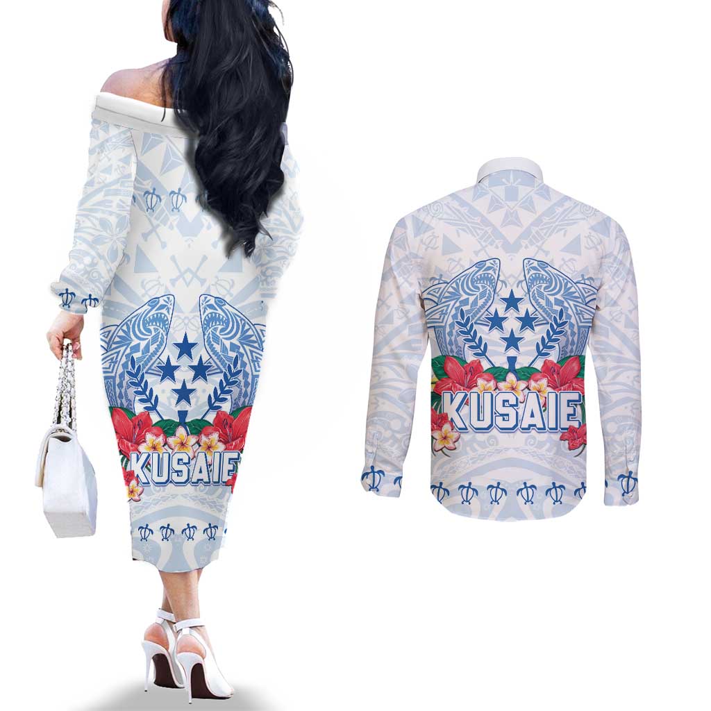 Happy Kosrae Liberation Day Couples Matching Off The Shoulder Long Sleeve Dress and Long Sleeve Button Shirt Polynesian Shark Turtle Motif LT05 - Polynesian Pride