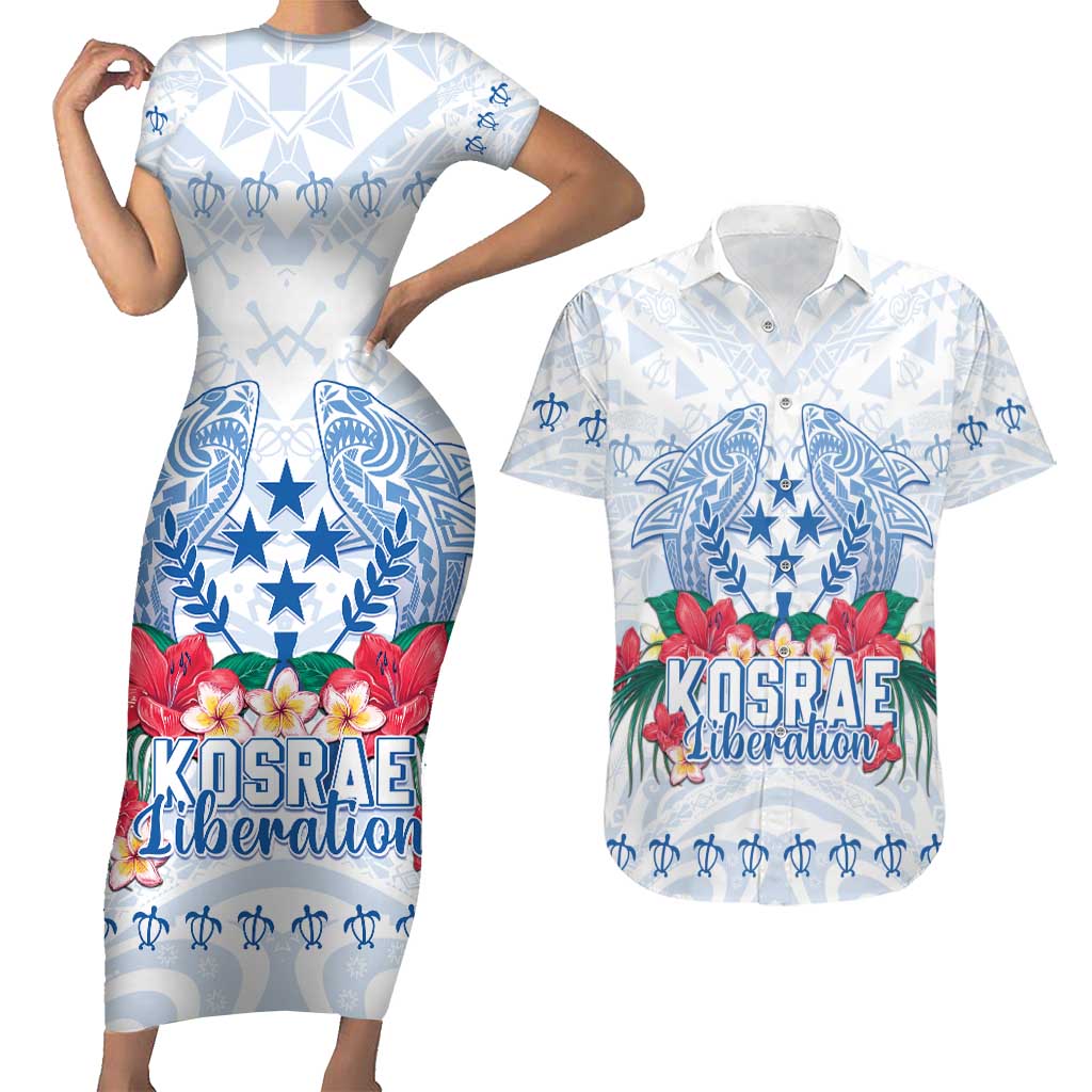 Happy Kosrae Liberation Day Couples Matching Short Sleeve Bodycon Dress and Hawaiian Shirt Polynesian Shark Turtle Motif LT05 White - Polynesian Pride