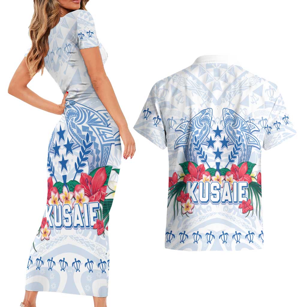 Happy Kosrae Liberation Day Couples Matching Short Sleeve Bodycon Dress and Hawaiian Shirt Polynesian Shark Turtle Motif LT05 - Polynesian Pride