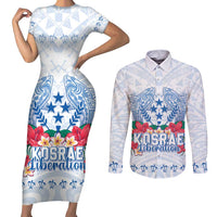 Happy Kosrae Liberation Day Couples Matching Short Sleeve Bodycon Dress and Long Sleeve Button Shirt Polynesian Shark Turtle Motif LT05 White - Polynesian Pride