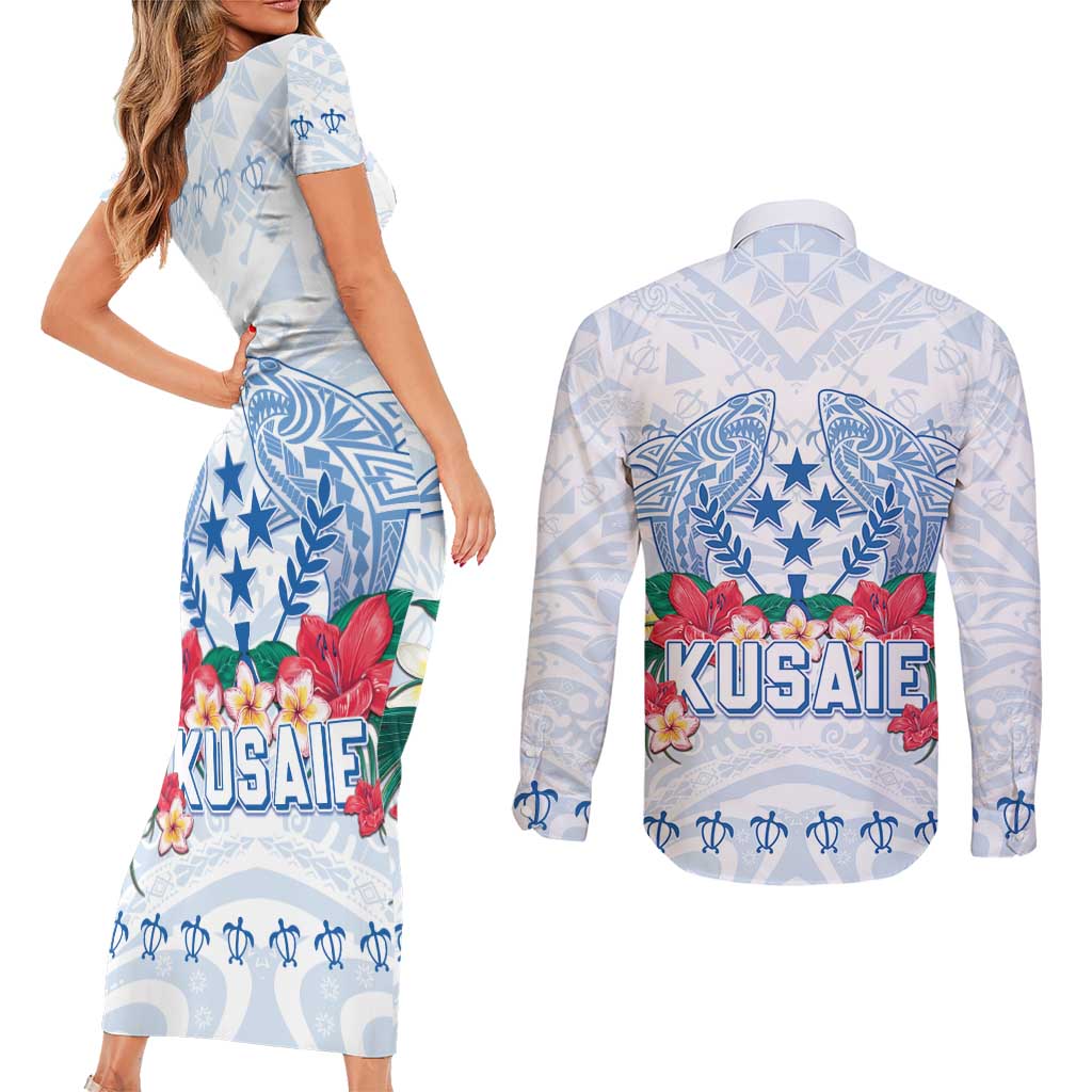 Happy Kosrae Liberation Day Couples Matching Short Sleeve Bodycon Dress and Long Sleeve Button Shirt Polynesian Shark Turtle Motif LT05 - Polynesian Pride