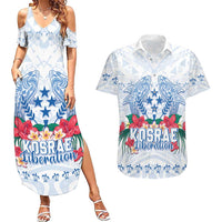 Happy Kosrae Liberation Day Couples Matching Summer Maxi Dress and Hawaiian Shirt Polynesian Shark Turtle Motif LT05 White - Polynesian Pride