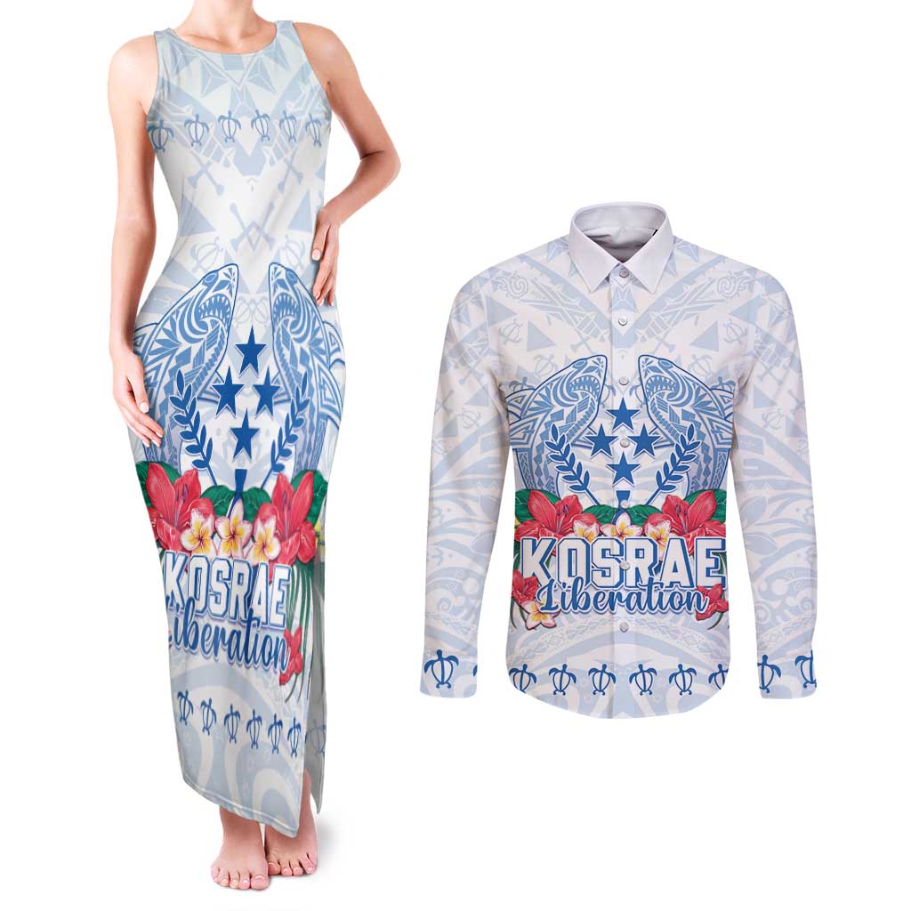 Happy Kosrae Liberation Day Couples Matching Tank Maxi Dress and Long Sleeve Button Shirt Polynesian Shark Turtle Motif LT05 White - Polynesian Pride