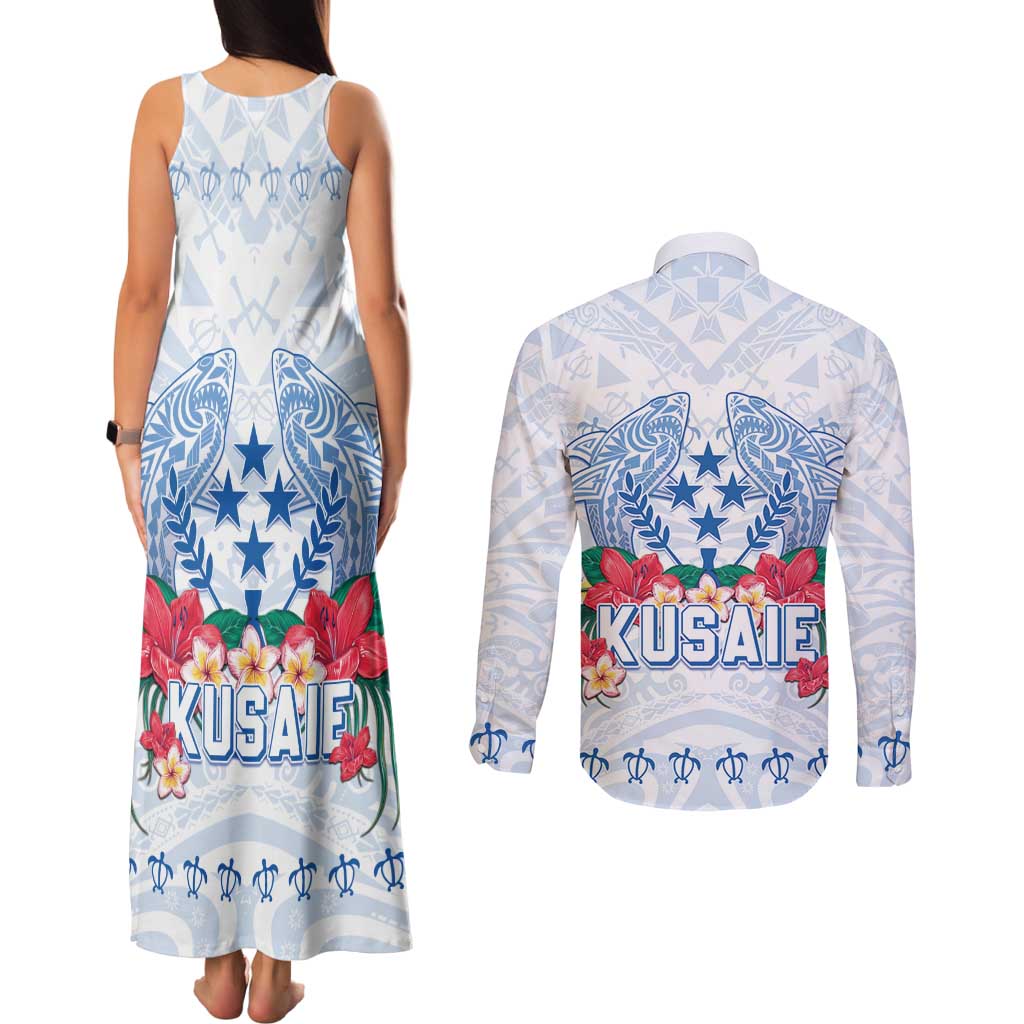 Happy Kosrae Liberation Day Couples Matching Tank Maxi Dress and Long Sleeve Button Shirt Polynesian Shark Turtle Motif LT05 - Polynesian Pride