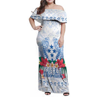 Happy Kosrae Liberation Day Family Matching Off Shoulder Maxi Dress and Hawaiian Shirt Polynesian Shark Turtle Motif LT05 Mom's Dress White - Polynesian Pride
