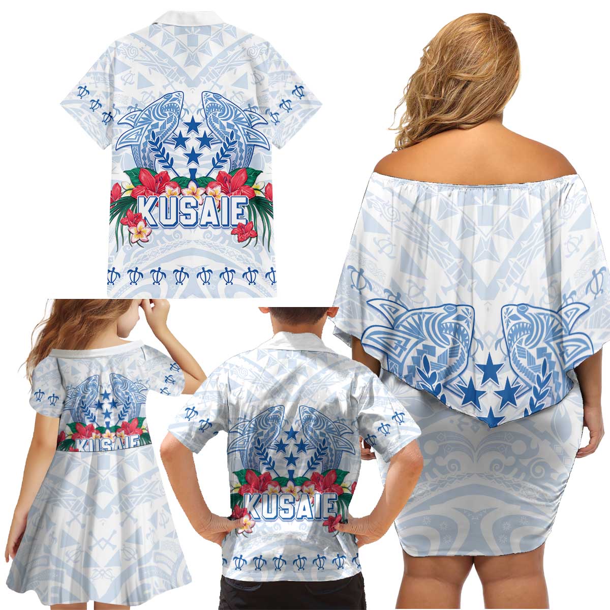 Happy Kosrae Liberation Day Family Matching Off Shoulder Short Dress and Hawaiian Shirt Polynesian Shark Turtle Motif LT05 - Polynesian Pride