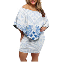 Happy Kosrae Liberation Day Family Matching Off Shoulder Short Dress and Hawaiian Shirt Polynesian Shark Turtle Motif LT05 Mom's Dress White - Polynesian Pride