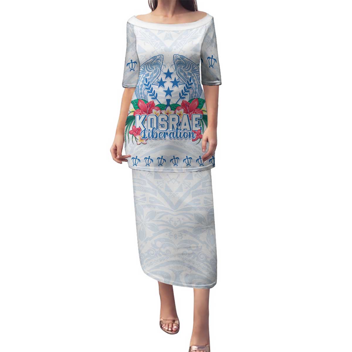 Happy Kosrae Liberation Day Family Matching Puletasi and Hawaiian Shirt Polynesian Shark Turtle Motif LT05 Mom's Dress White - Polynesian Pride