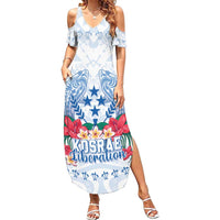 Happy Kosrae Liberation Day Family Matching Summer Maxi Dress and Hawaiian Shirt Polynesian Shark Turtle Motif LT05 Mom's Dress White - Polynesian Pride