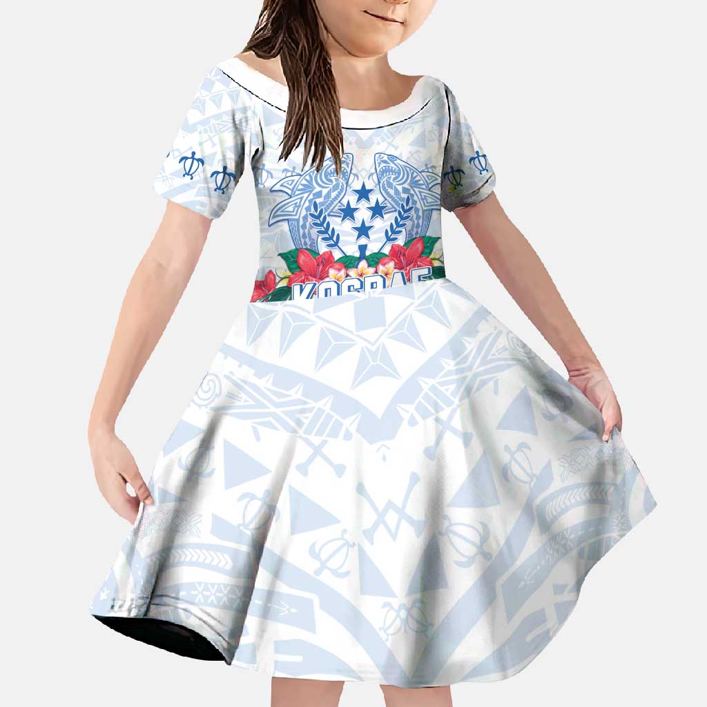Happy Kosrae Liberation Day Family Matching Tank Maxi Dress and Hawaiian Shirt Polynesian Shark Turtle Motif LT05 Daughter's Dress White - Polynesian Pride