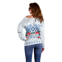 Happy Kosrae Liberation Day Off Shoulder Sweater Polynesian Shark Turtle Motif