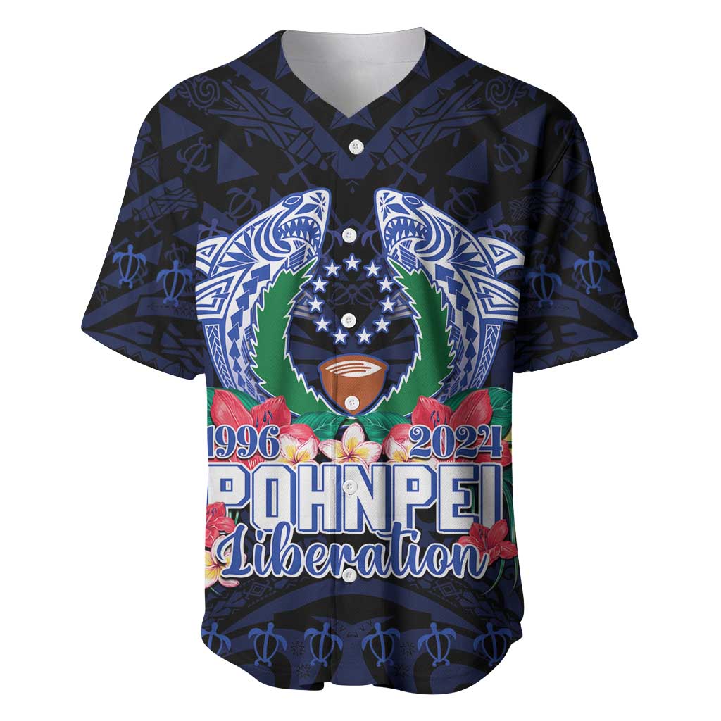 Happy Pohnpei Liberation Day Baseball Jersey Polynesian Shark Turtle Motif LT05 Blue - Polynesian Pride